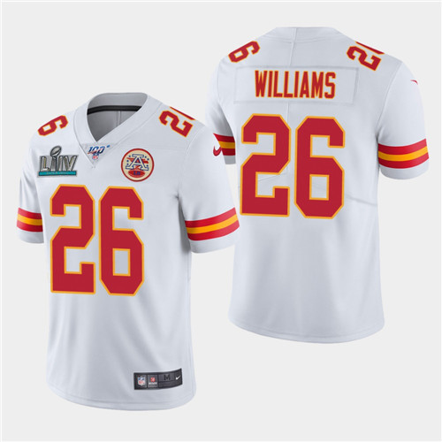 Men's Kansas City Chiefs #26 Damien Williams White Super Bowl LIV With 100th Season Patch Vapor Untouchable Limited Stitched NFL Jersey